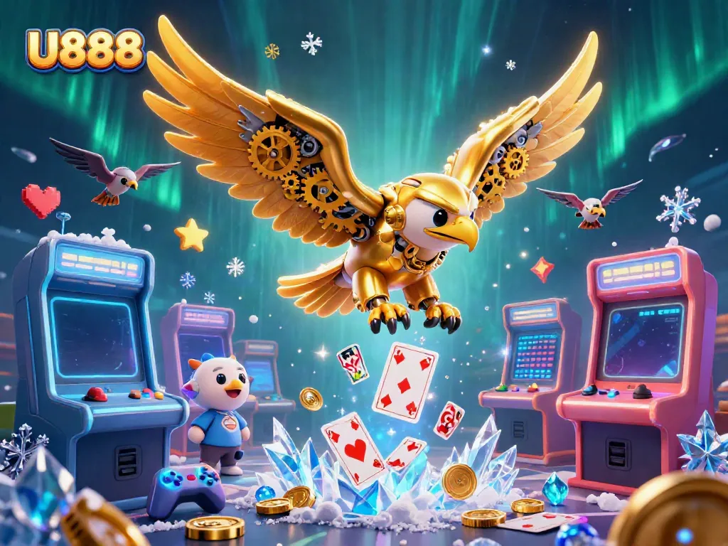 Experiencing U888 with a diving golden eagle surrounded by vibrant gambling elements.