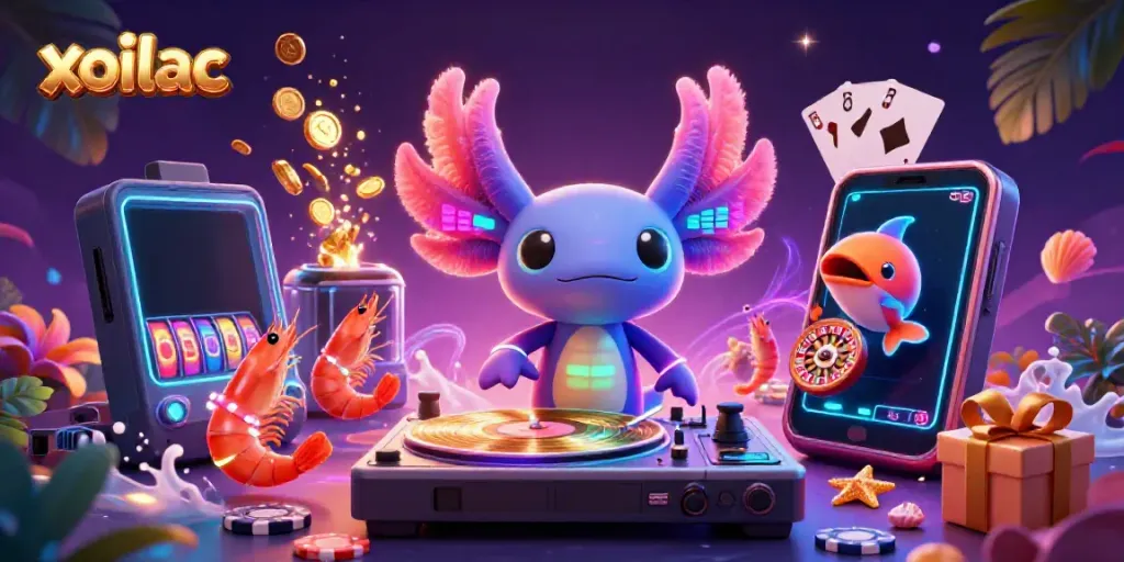 Experience the vibrant world of xoilac with a neon axolotl DJ and dynamic game elements.