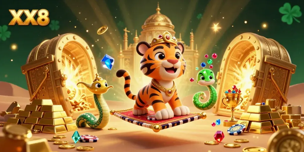 Immerse in the thrilling XX8 casino adventure with an Arabian Nights-themed scene packed with treasures and energy.