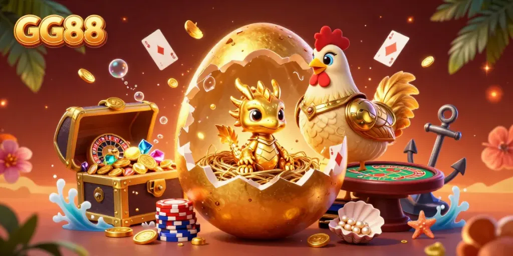 Experience thrilling games at GG88 with golden dragon and poker chips amidst vibrant casino elements.