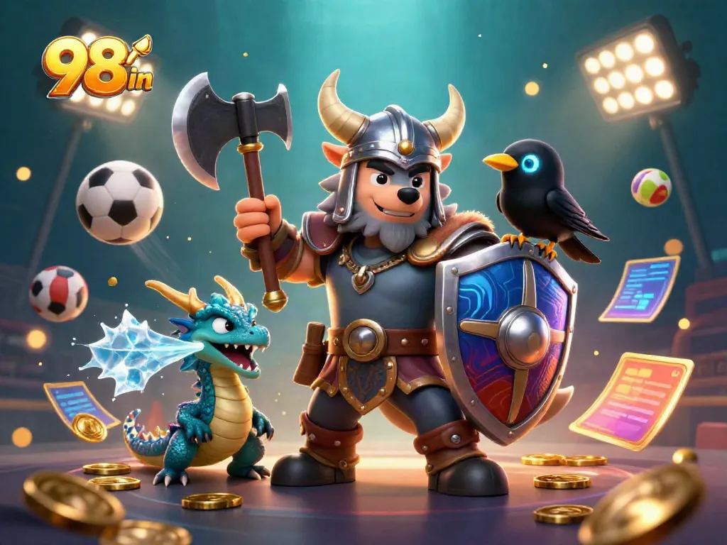 Engage in thrilling gaming adventures at 98win with a Viking warrior, fierce dragon, and celebrated trophies.