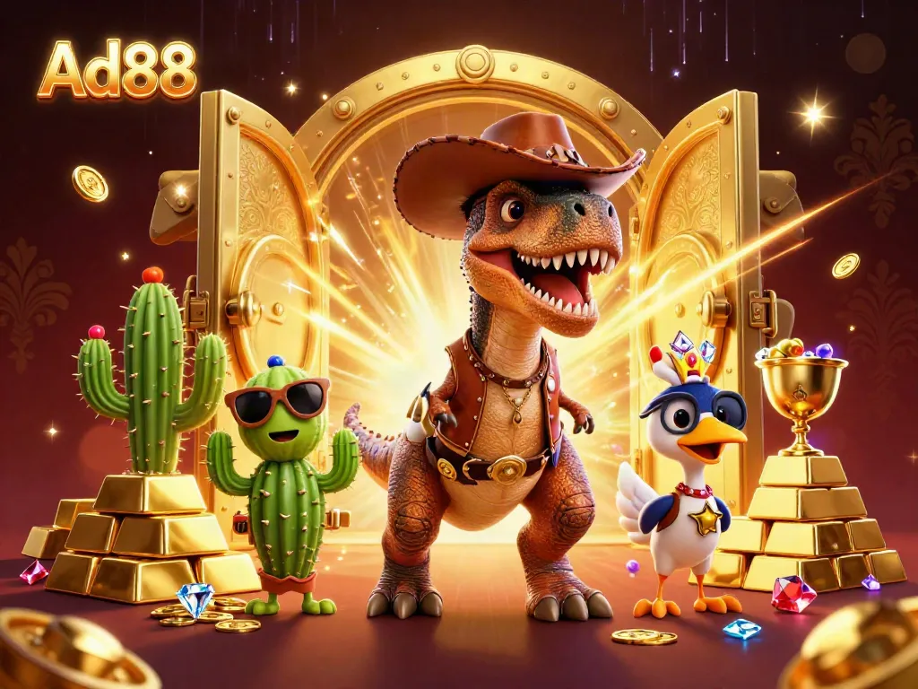 Experience the thrill of Ad88 with exciting characters amidst a treasure trove of casino riches.