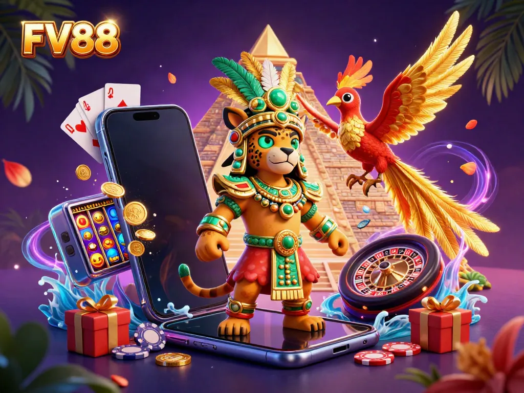 Engage with FV88's thrilling slot games featuring a vibrant Mayan theme, dynamic characters, and exciting game elements.