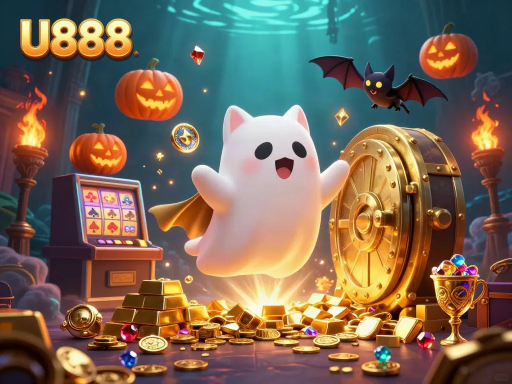 Experience the thrilling world of U888 with a ghostly cat and treasures in a haunted casino scene.