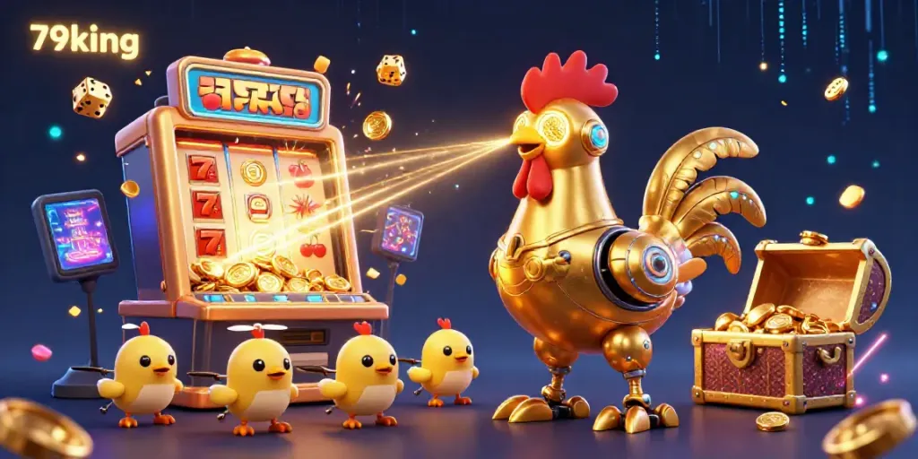 Experience the thrilling jackpot of 79king with a futuristic golden rooster robot and vibrant casino elements.