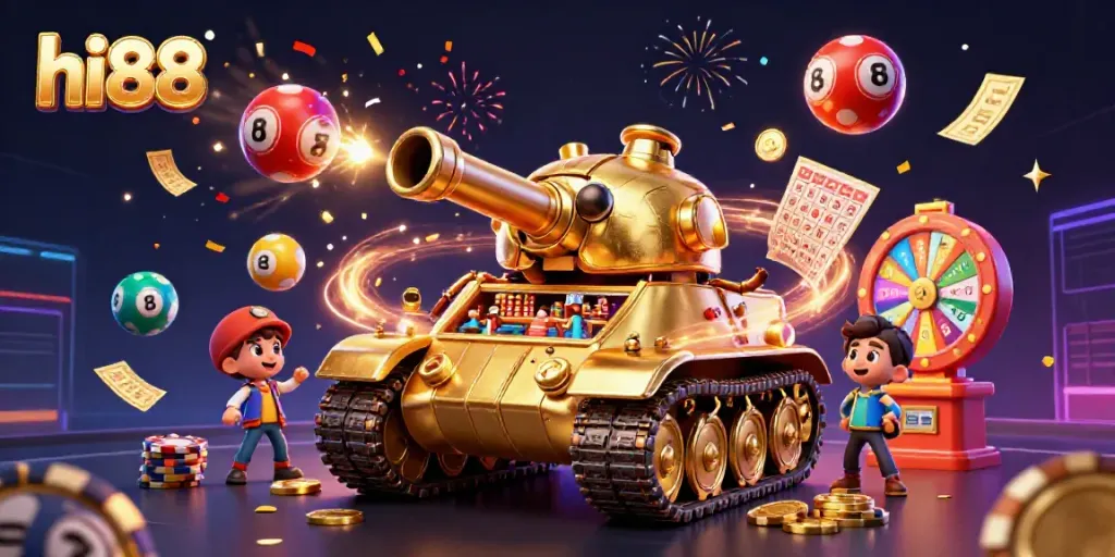 Engaging scene with hi88's golden beetle tank revealing a miniature casino, vibrant lottery elements, and dynamic confetti effect.