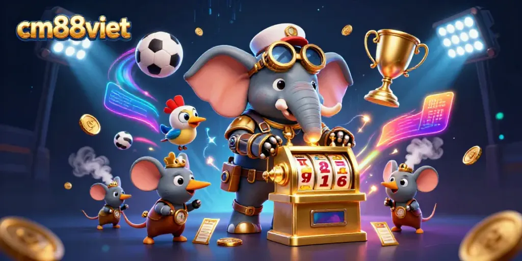 Experience thrilling gameplay at cm88viet with a steampunk elephant and vibrant casino elements.