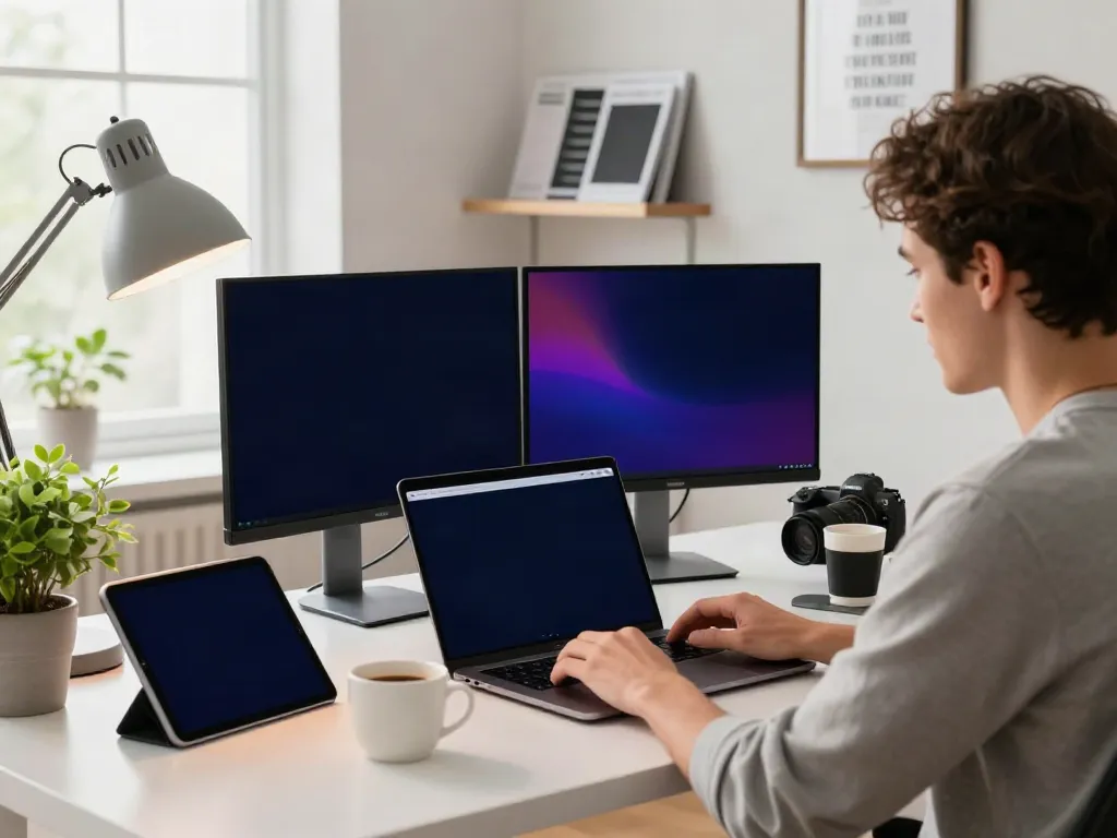 Brave browser being used in a modern home office setting, showcasing a productive workspace.