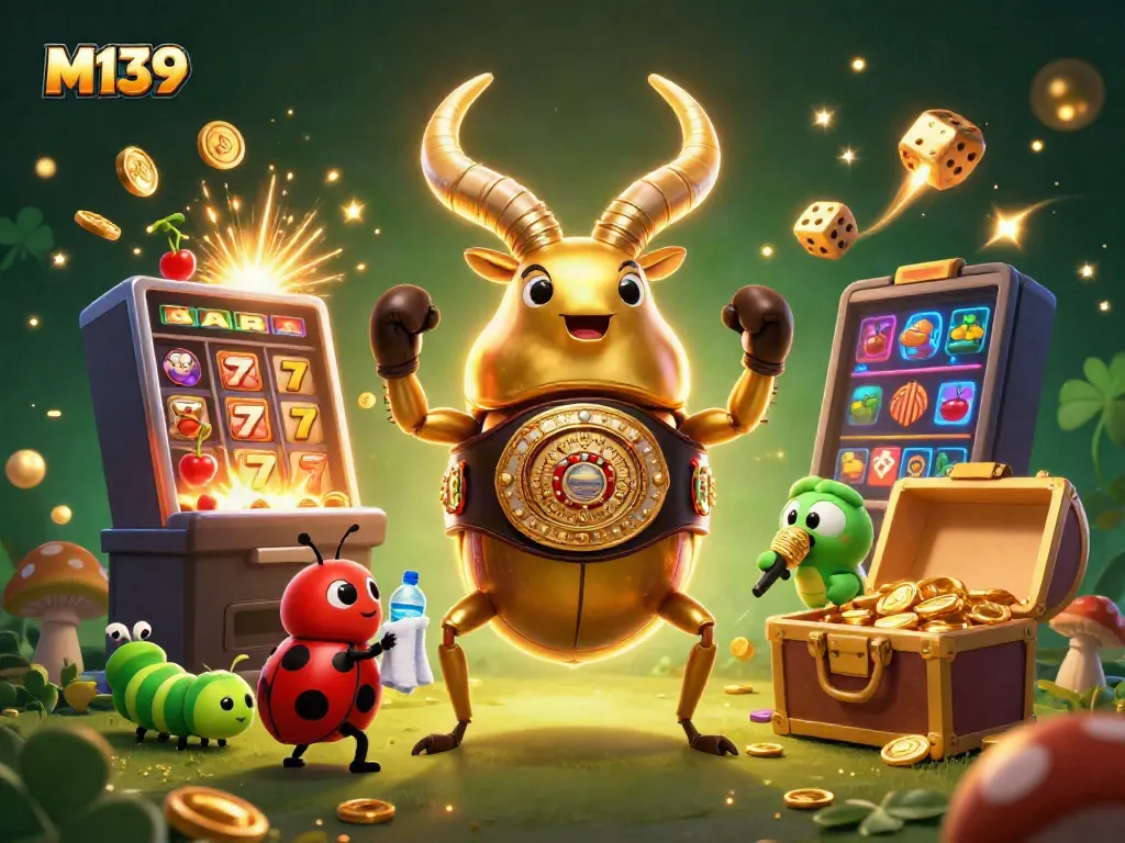 Experience thrilling M139 casino gameplay with a giant beetle champion and colorful slot machine magic!