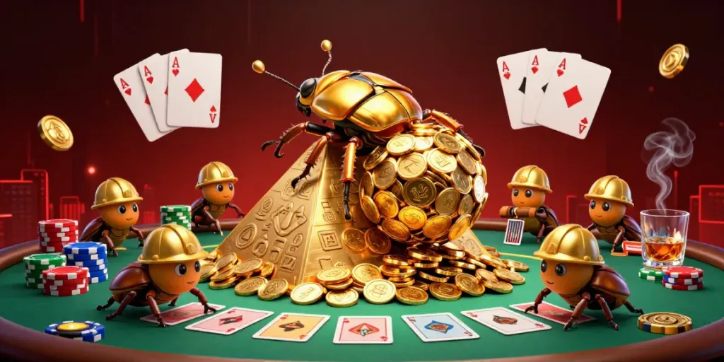 Engaging xx88 scene with golden beetles and poker elements emphasizing casino allure.