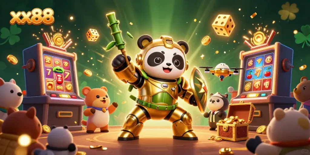 Experience the thrill of xx88 with a dynamic casino scene featuring a mech-suit panda, slot machines, and vibrant graphics.