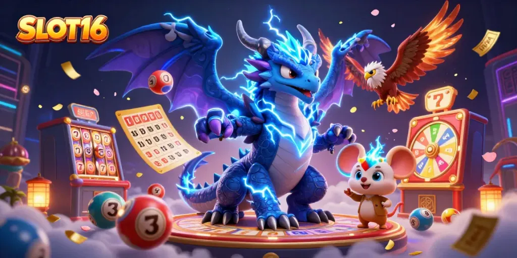 SLOT16 showcases a dynamic 3D illustration of a thunder dragon and golden lottery elements in an electrifying casino environment.