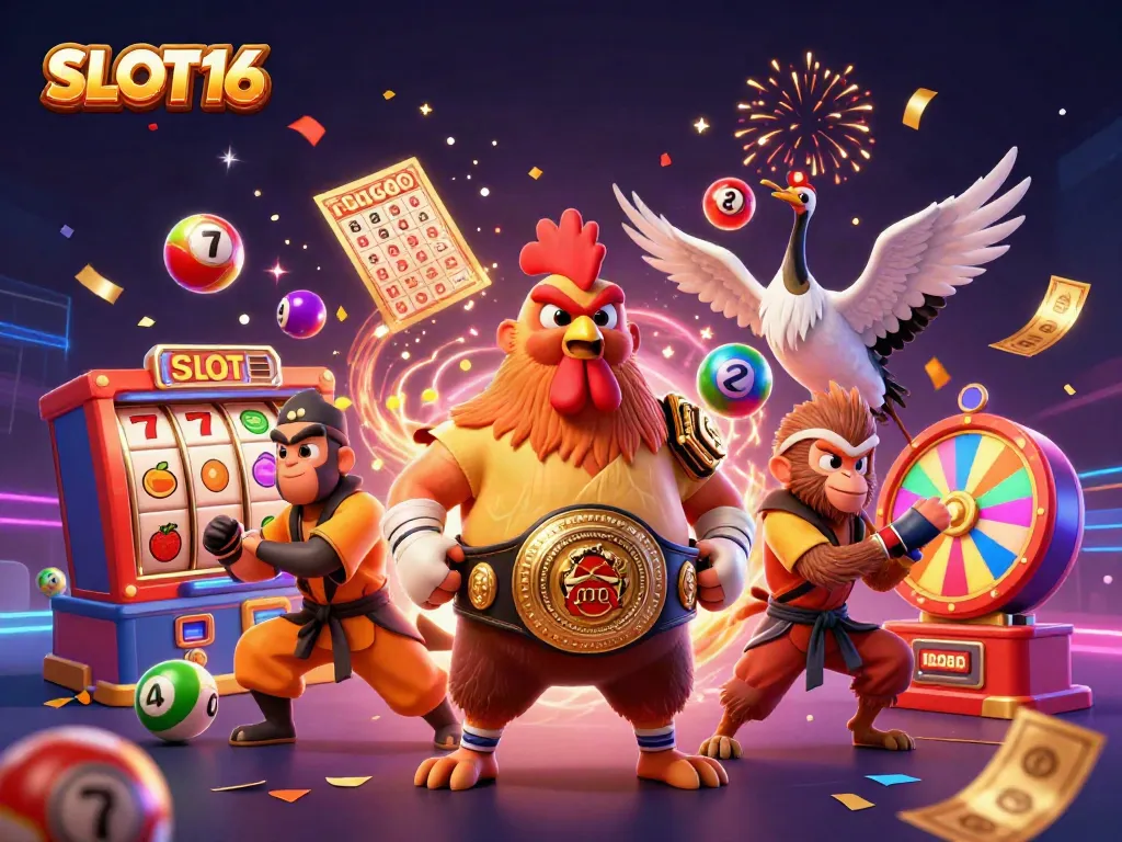 Engage in the excitement of SLOT16 with dynamic casino characters, slot reels, and colorful lottery elements.