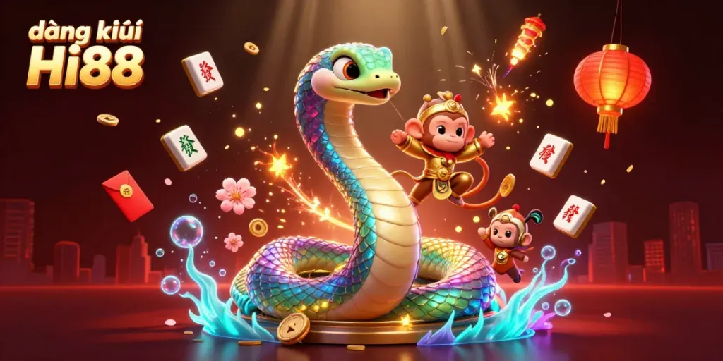 Engage in thrilling gameplay with the delightful scene featuring a playful monkey king and a rainbow serpent, promoting đăng ký Hi88.