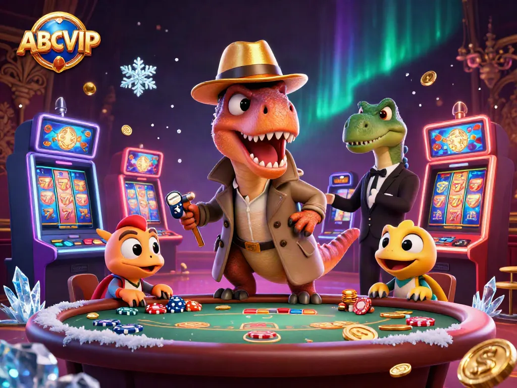ABCVIP's dinosaur-themed blackjack scene features a velociraptor and a stegosaurus in a playful casino atmosphere.