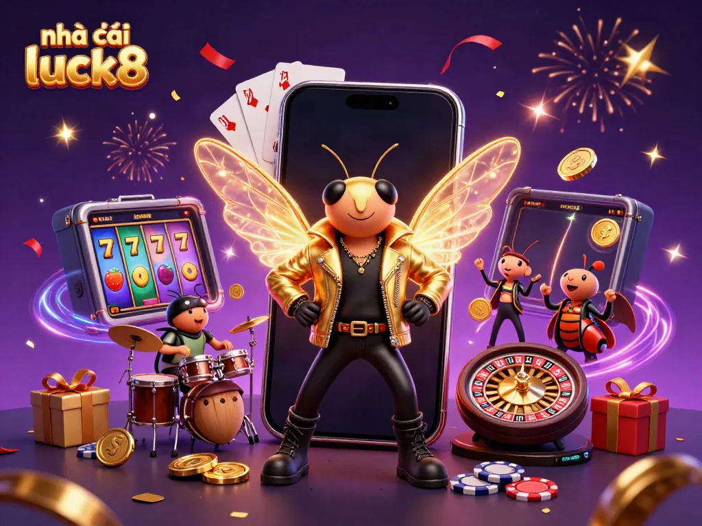 Experience the thrill of Nhà cái luck8 with an energetic casino scene featuring dynamic characters and games.
