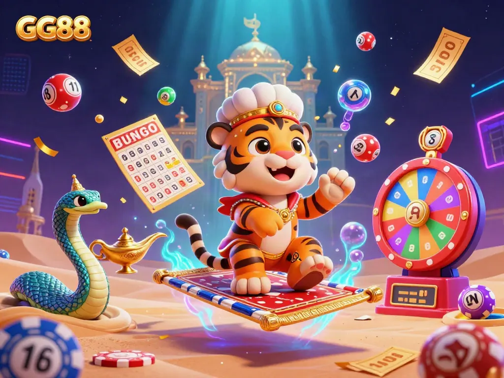 Experience the vibrant atmosphere of GG88's online casino with colorful lottery balls, a tiger sultan, and dynamic elements for thrilling gameplay.