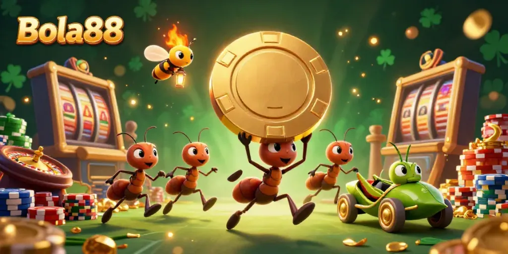 Bola88 ants planning a jackpot heist in a vibrant casino setting filled with gold treasures.