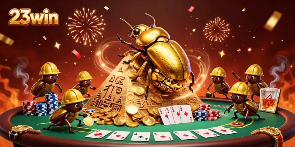 23win showcases a vibrant 3D cartoon scene with beetles and casino elements under celebratory fireworks.