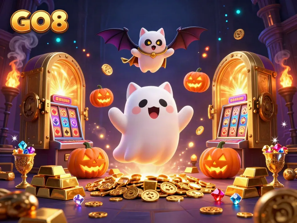 Engage in thrilling gameplay at GO8 Casino with vibrant characters and luxurious gold treasures.