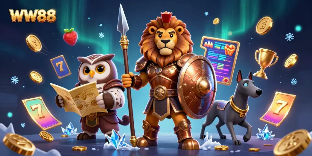 Engaging WW88 gaming illustration featuring a heroic Spartan lion amidst vibrant slot elements and sparkling coins.