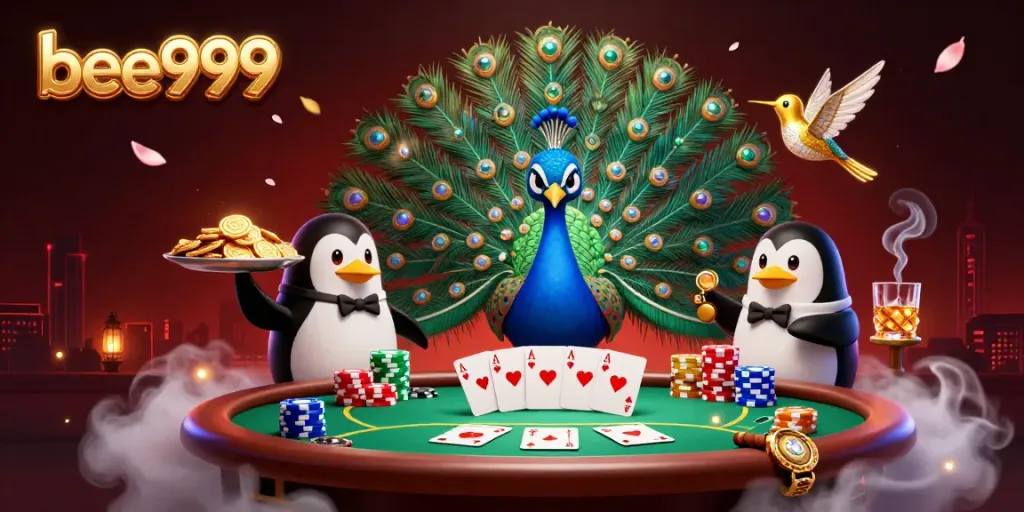 Experience thrilling gameplay with bee999 featuring an aristocratic peacock, poker elements, and winning moments.