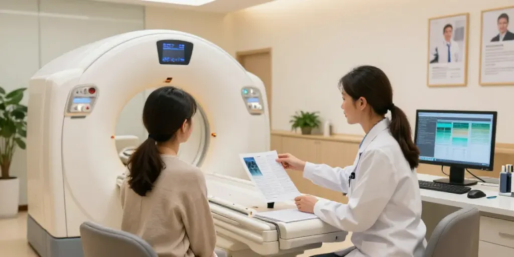 Diagnostikzentrum Wolfsburg: freundlicher Arzt erklärt CT-Ergebnisse in modernem Umfeld.