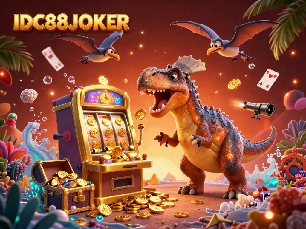 Hit the jackpot with IDC88JOKER as a 3D cartoon dinosaur activates a golden slot machine amidst chaos.