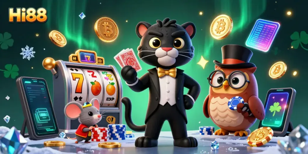 Engage with Hi88's thrilling slot machines and card games in this vibrant casino scene.