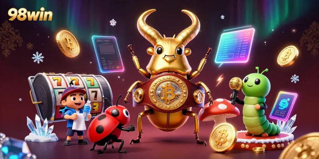 Engage in thrilling gameplay with 98win, featuring a golden stag beetle, tiny ladybug coach, and vibrant casino elements.