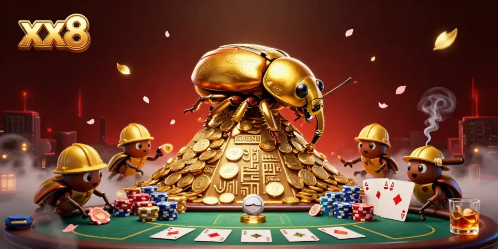 Experience exceptional gaming at xx8: a vibrant casino scene with golden beetles and dynamic poker elements.