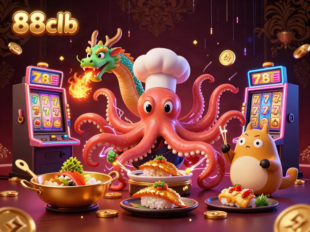 Spin and win with 88clb as the vibrant octopus chef and dragon ignite excitement in this thrilling casino scene.