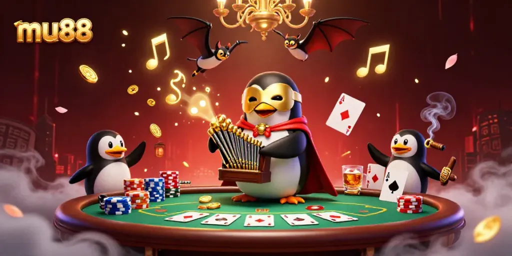 Engage in high-stakes poker with mu88, featuring acrobatic characters and vibrant casino elements.