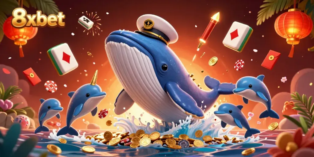 Experience the thrill of 8xbet with a whimsical 3D whale and playful dolphins in a vibrant casino setting.