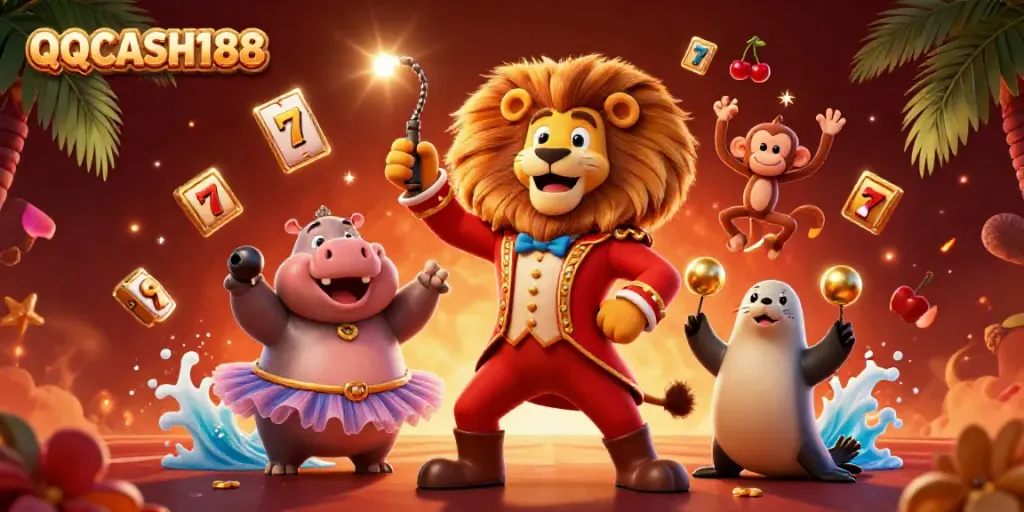 Experience the excitement of QQCASH188 with vibrant slot animations and engaging casino characters.