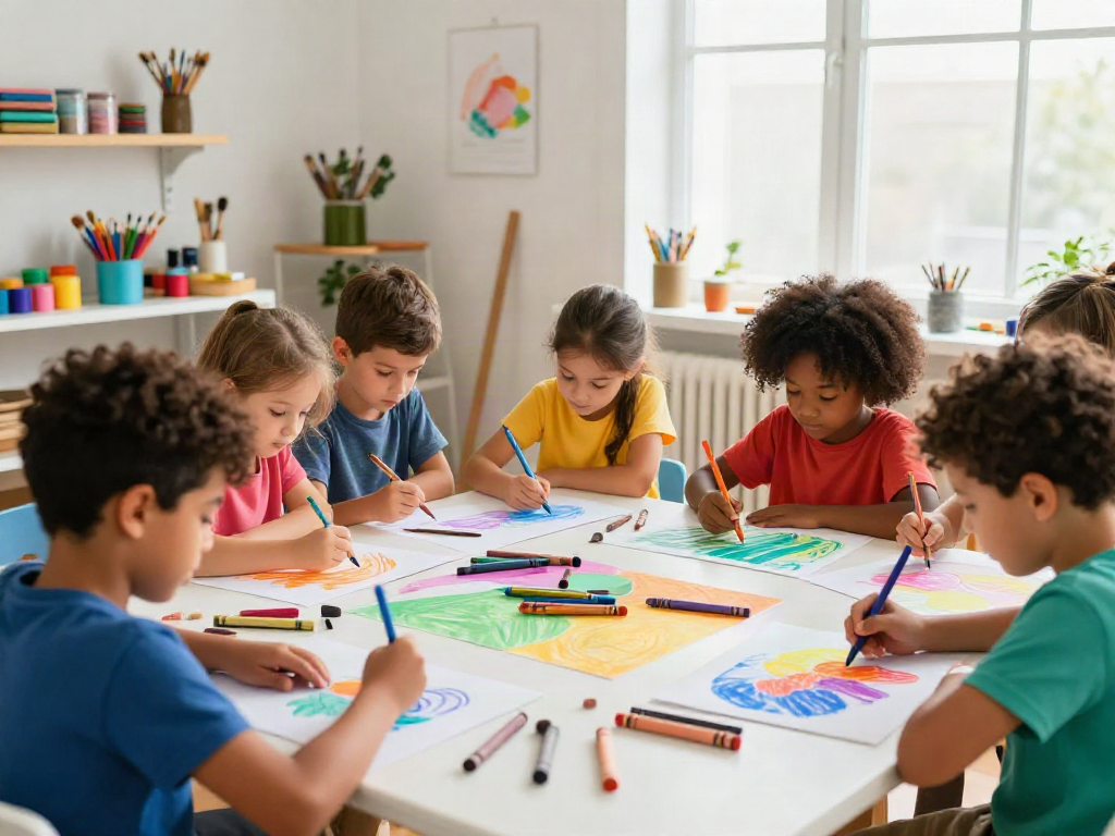 Creative children using vibrant crayons in a colorful art studio, showcasing a crayon supplier's products.
