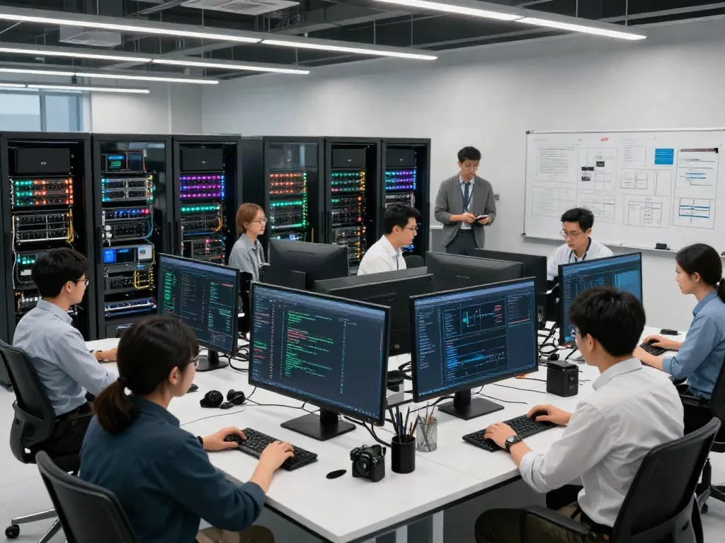 AI infrastructure professionals collaborating in a modern data center.