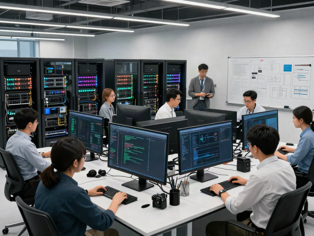 AI infrastructure professionals collaborating in a modern data center.