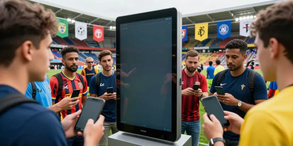 Fans engaging with ข่าวกีฬาฟุตบอล during a lively soccer transfer event.