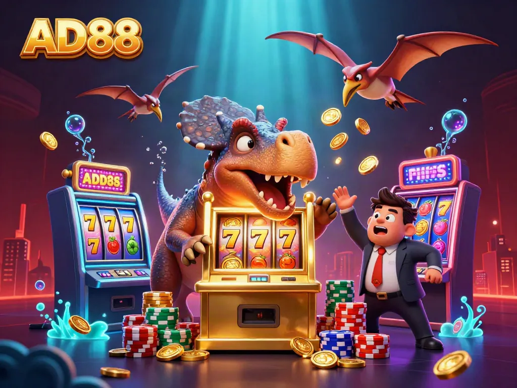 AD88 transforms wins with a pachycephalosaurus and jackpot coins raining in a casino
