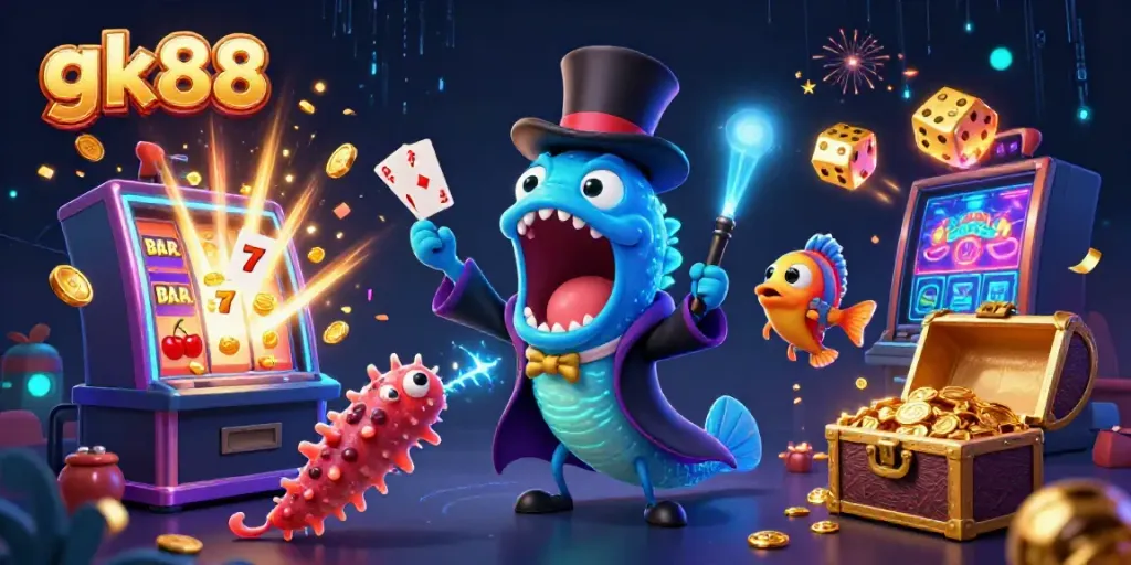 Experience the magic of gk88 with vibrant 3D creatures and casino elements in a dynamic illustration.