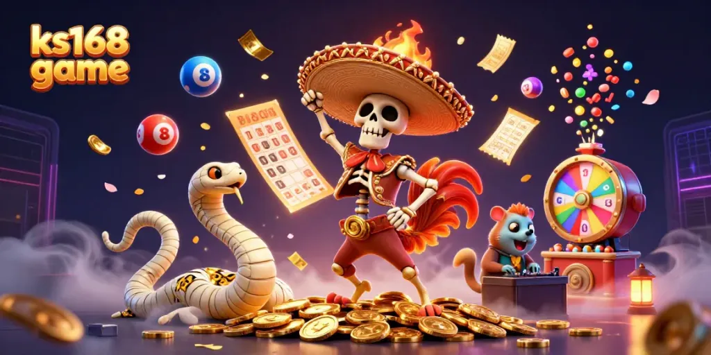 Experience the thrilling ks168 game with a vibrant, festive scene featuring animated casino elements.