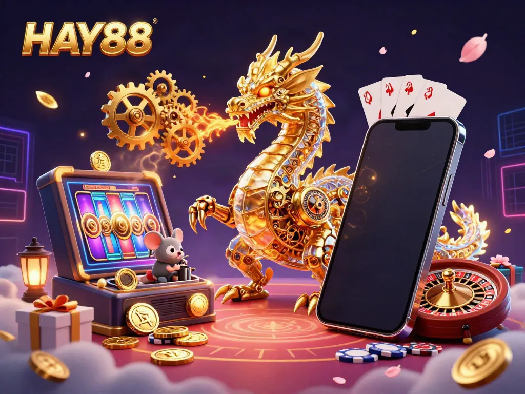 Experience thrilling gameplay at HAY88 with a vibrant casino scene featuring a golden dragon and exciting gaming elements.