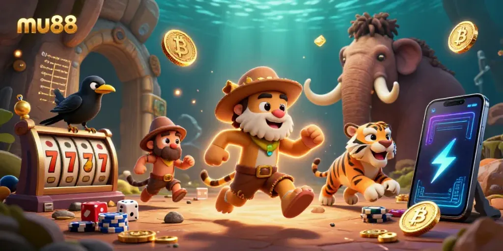 Engage in thrilling casino action with mu88, featuring animated characters and exciting gambling elements.