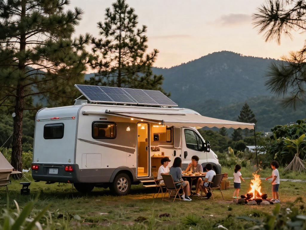 Family enjoying off-grid camping setup with lithium RV batteries at sunset.