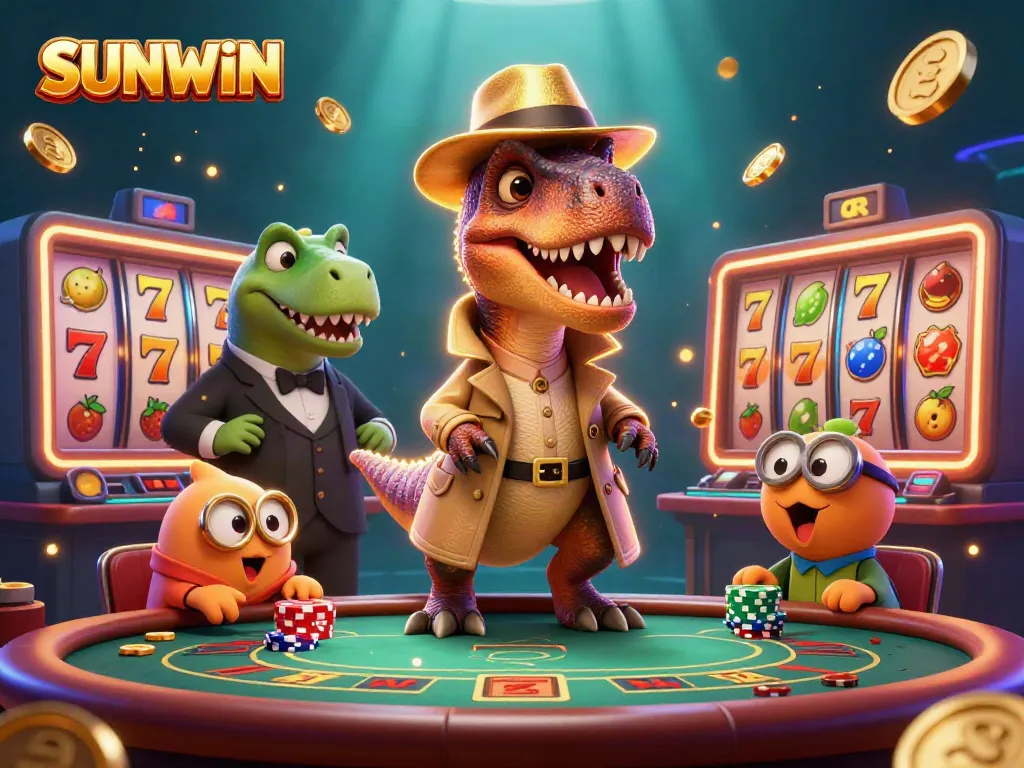 SUNWIN showcases a cartoon velociraptor card counter and characters at a blackjack table in a vibrant casino scene.