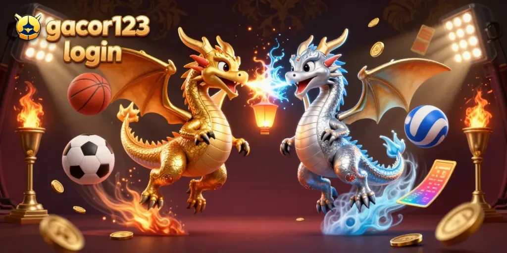 Experience the excitement of gacor123 login with dynamic sporting elements and mythical dragons in an interactive digital illustration.
