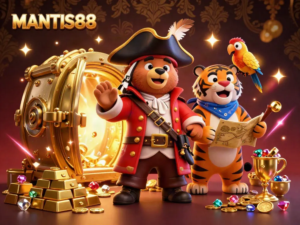 Engage with the thrilling world of MANTIS88 as the cartoon pirate bear, fierce tiger, and golden parrot explore treasure-filled casino riches.
