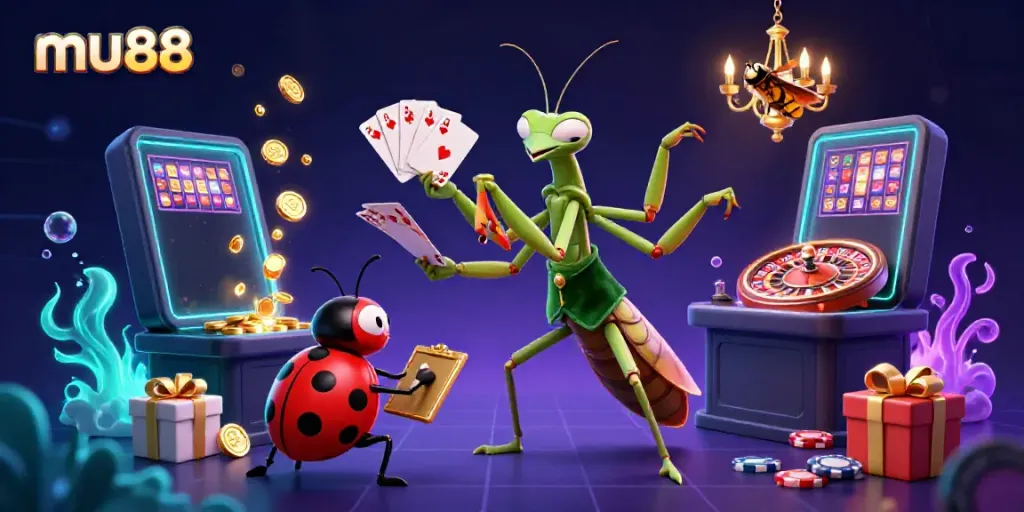 Win big at mu88 with a vibrant 3D scene featuring a card sharp, pit boss, and exciting casino elements!