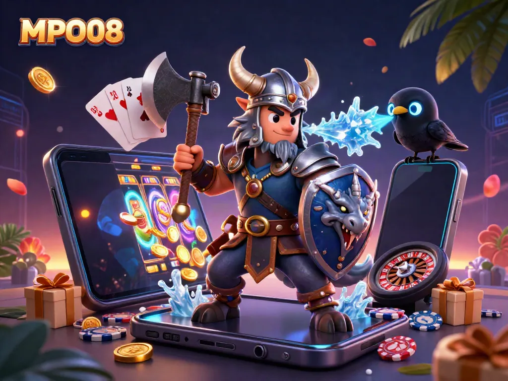 MPO08 live casino action featuring a Viking warrior, dragon, and raven, surrounded by vibrant gaming elements.